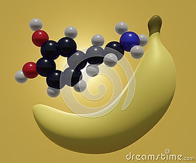 Dopamine molecule and ripped yellow banana Stock Photo