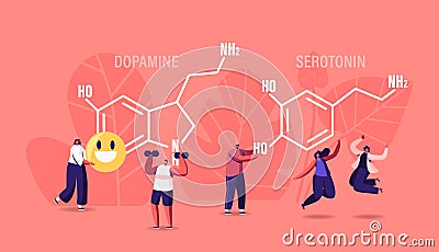 Dopamine, Serotonin Concept. People Enjoying Life near Huge Formula. Hormones Production in Organism. Characters Jumping Vector Illustration