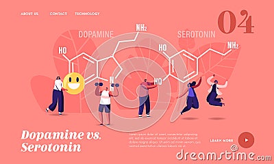 Dopamine, Serotonin Landing Page Template. People Enjoying Life near Huge Formula. Hormones Production in Organism Vector Illustration