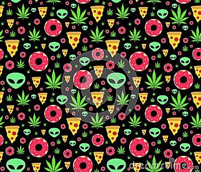 Dope trip flat vector seamless pattern marijuana leafs, donuts, pizza slices and aliens. Isolated on white background Vector Illustration