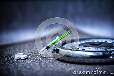 Doping in sport and steroid abuse concept with a dumbbell Stock Photo