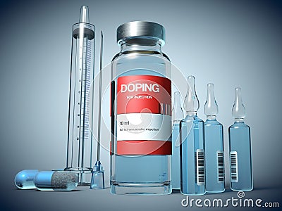 Doping substances in a vial, in ampules and in capsule form and an injection syringe Cartoon Illustration