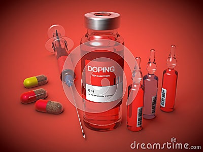 Doping substances in a vial, in ampules and in capsule form and an injection syringe Cartoon Illustration