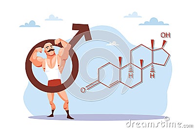 Doping to increase muscle mass for unhealthy athletes, testosterone chemical formula. Funny strong man with moustache Vector Illustration