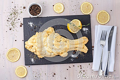 Dorado baked in salt with spices, author`s cuisine Stock Photo