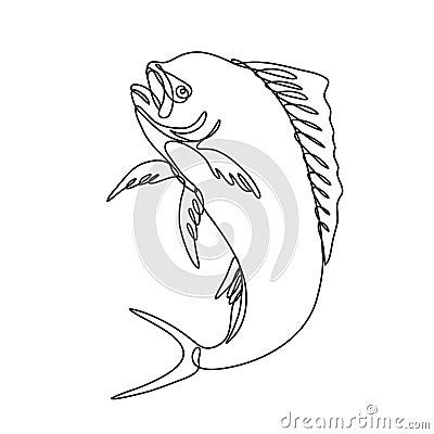 Dorado Dolphin Fish or Mahi Mahi Jumping Up Continuous Line Drawing Vector Illustration