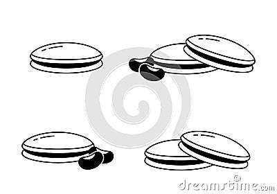 Dorayaki. Linear icons set of Japanese pancakes with bean filling. Kind of wagashi with anko. Black simple illustration. Contour Vector Illustration