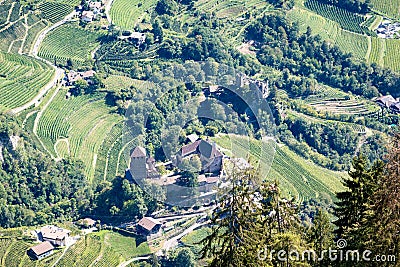 Aerial view Dorf Tirol, Tirol Castle, Burg, hiking trails, Alto Adige, South Tyrol, Italy Stock Photo