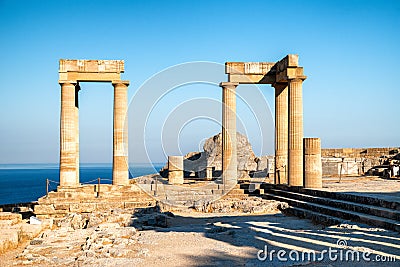 Doric pillars in Lindos acropolis in rhodes island in Greece Editorial Stock Photo