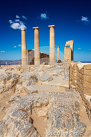 Doric temple of Athena Lindia on Acropolis of Lindos Rhodes, Gr Editorial Stock Photo