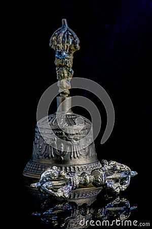 Bronze Dorje and Bell on black background Stock Photo