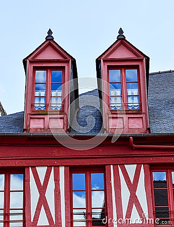 Dormer windows of houses. Josselin, beautiful village of French Brittany Stock Photo