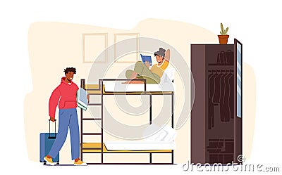 Dormitory Roommate Characters Live Together. Woman Read on Bunk Bed, Man Inn with Suitcase. College, University Students Vector Illustration