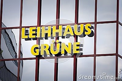 DORTMUND, GERMANY - NOVEMBER 5, 2022: Logo of Leihhaus Grune on their store for Dortmund. Leihhaus Gruene is a german chain of Editorial Stock Photo