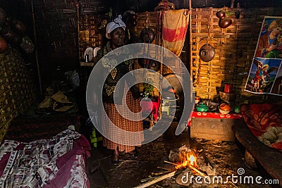 DORZE, ETHIOPIA - JANUARY 30, 2020: Interior of a traditional Dorze hut woven out of bamboo, Ethiop Editorial Stock Photo
