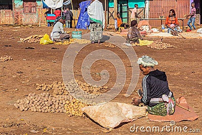 DORZE, ETHIOPIA - JANUARY 30, 2020: Potato stalls at a market in Dorze village, Ethiop Editorial Stock Photo