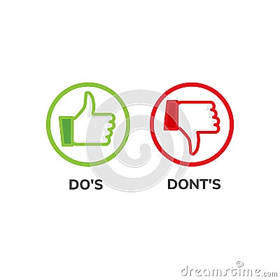 Dos and dont good and bad icon check. Negative positive list, true wrong like anf fail logo Vector Illustration