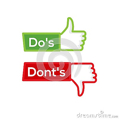 Dos and dont good and bad icon check. Negative positive list, true wrong like anf fail logo Vector Illustration