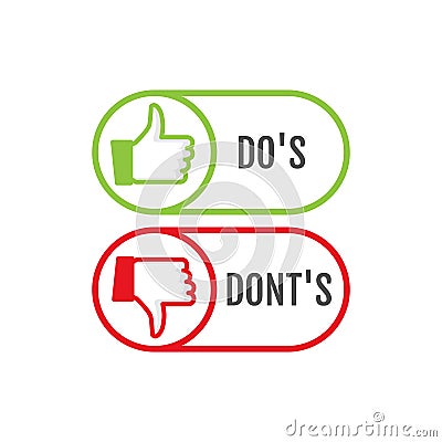 Dos and dont good and bad icon check. Negative positive list, true wrong like anf fail logo Vector Illustration