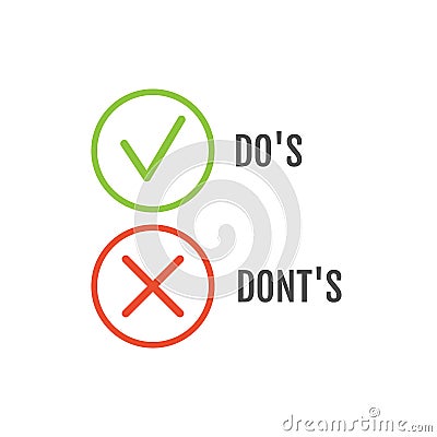 Dos and dont good and bad icon check. Negative positive list, true wrong like anf fail logo Vector Illustration