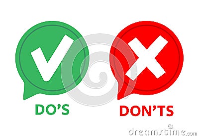 Dos and donts icons. Yes or no symbols speech bubble. Check green tick and red cross, good or bad checking, false or Vector Illustration