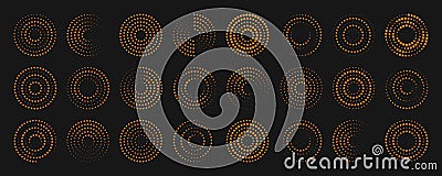 Dot circle pattern. Orange round halftone dot patterns. Spiral halftones frame. Set of swirl abstract ripple elements. Circular Stock Photo