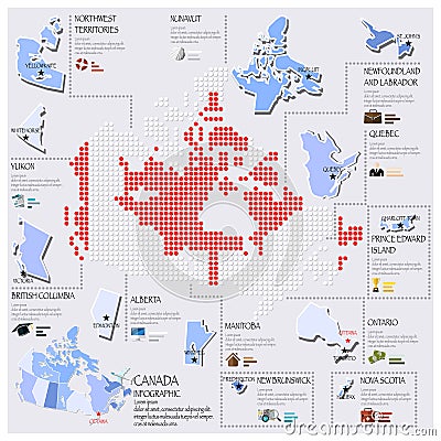 Dot And Flag Map Of Canada Infographic Design Vector Illustration