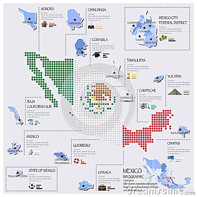 Dot And Flag Map Of Mexico Infographic Design Vector Illustration