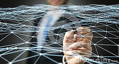 Dot flying network drawn by businessman 3D rendering Stock Photo