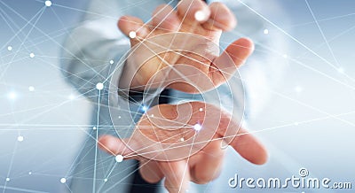 Dot flying network held by businessman 3D rendering Stock Photo