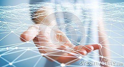 Dot flying network held by businessman 3D rendering Stock Photo