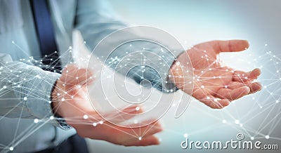 Dot flying network held by businessman 3D rendering Stock Photo