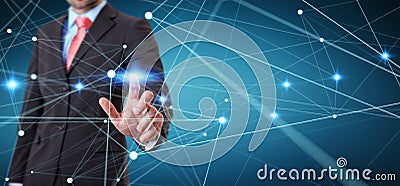 Dot flying network touched by businessman 3D rendering Stock Photo