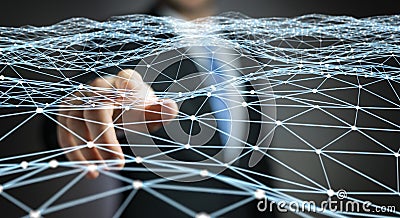 Dot flying network touched by businessman 3D rendering Stock Photo