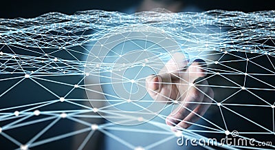 Dot flying network touched by businessman 3D rendering Stock Photo