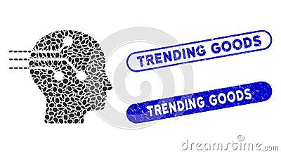 Dot Mosaic Brain Interface with Grunge Trending Goods Stamps Stock Photo