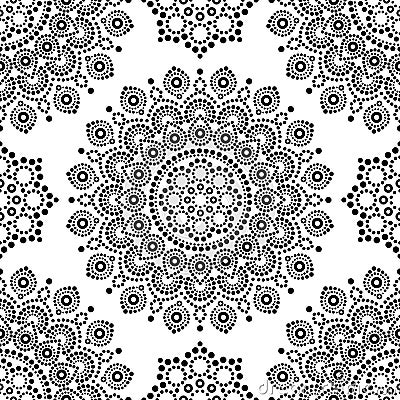 Dot painting monochrome vector seamless pattern with mandalas, Australian ethnic design, Aboriginal dots pattern in black and whit Stock Photo