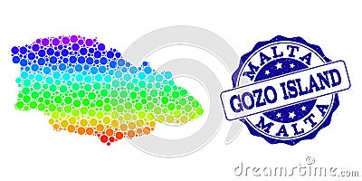 Dot Spectrum Map of Gozo Island and Grunge Stamp Seal Vector Illustration