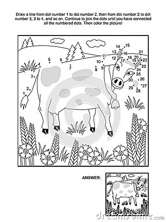 Dot-to-dot and coloring page - cow and cornflowers Vector Illustration