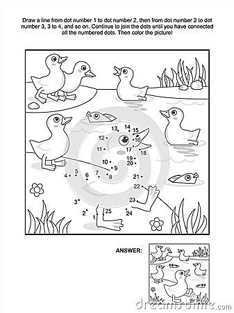 Dot-to-dot and coloring page - ducklings at the pond Vector Illustration