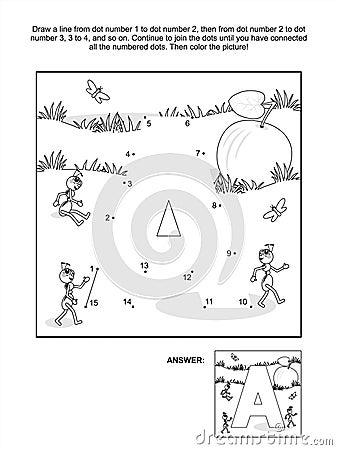 Dot-to-dot and coloring page - letter A, apple and ants Vector Illustration