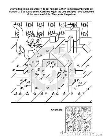 Dot-to-dot and coloring page with toy buildings and playful cat Vector Illustration