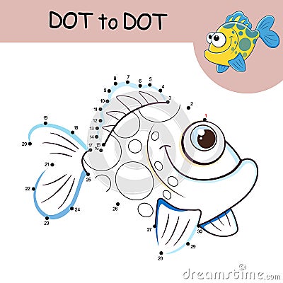 Dot to dot Game with answer. Tropical Fish. Connect the dots by numbers to draw cute cartoon Fish. Logic Game and Coloring Page Vector Illustration