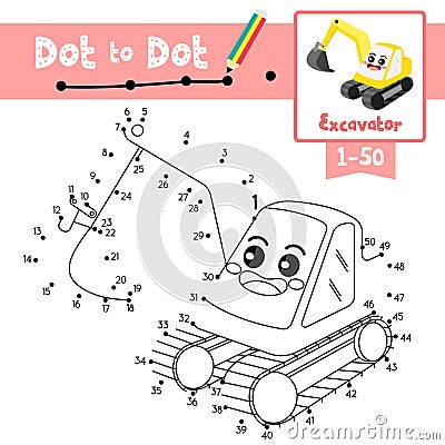 Dot to dot educational game and Coloring book Excavator cartoon character perspective view vector illustration Vector Illustration