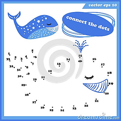 Dot to dot funny game for kids with whale. Vector Illustration