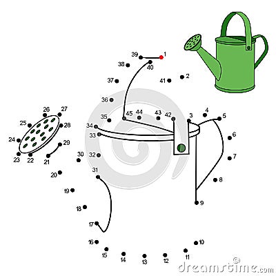 Dot to dot game with cartoon Watering Can. Connect the dots by numbers and finish picture. Education Game with answer for kids. Vector Illustration