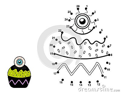 Dot to dot game for kids. Connect the dots and draw a spooky cupcake with eyeball Vector Illustration