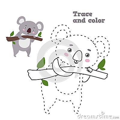 Dot to dot koala game. Trace and color cute koala bear on branch vector coloring illustration Vector Illustration