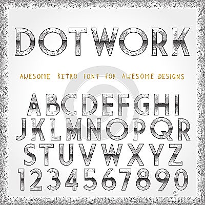 Dot Work Alphabet in 80s Retro Futurism style Vector Illustration