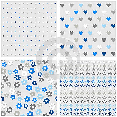 Dots hearts flowers and diamonds blue seamless pattern set Vector Illustration